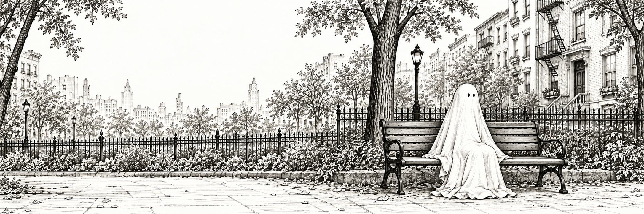 A monochrome New York park streetscape with a ghost sitting on a bench